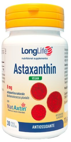 LongLife Astaxanthin Vegan 8 mg Integratore Antiossidante Pelle 30 Perle Vegetali