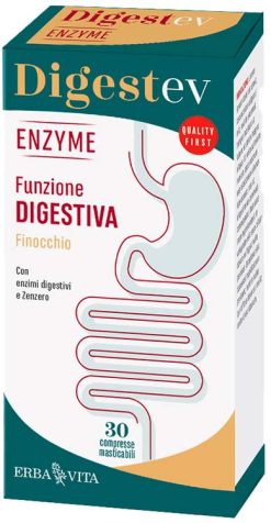 Digestev Enzyme Integratore Enzimi Digestivi per Gonfiore e Motilità Intestinale 30 Compresse Masticabili